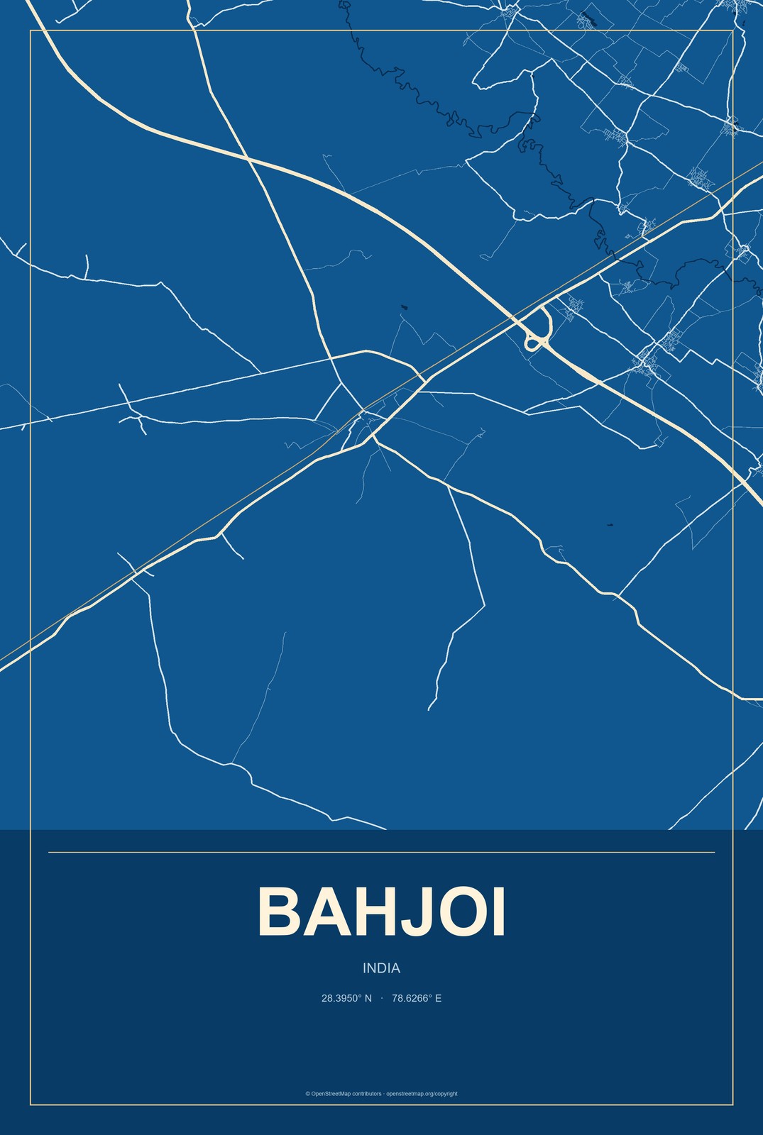 Bahjoi, India City Map Aluminum Sign in Harbor Cobalt style