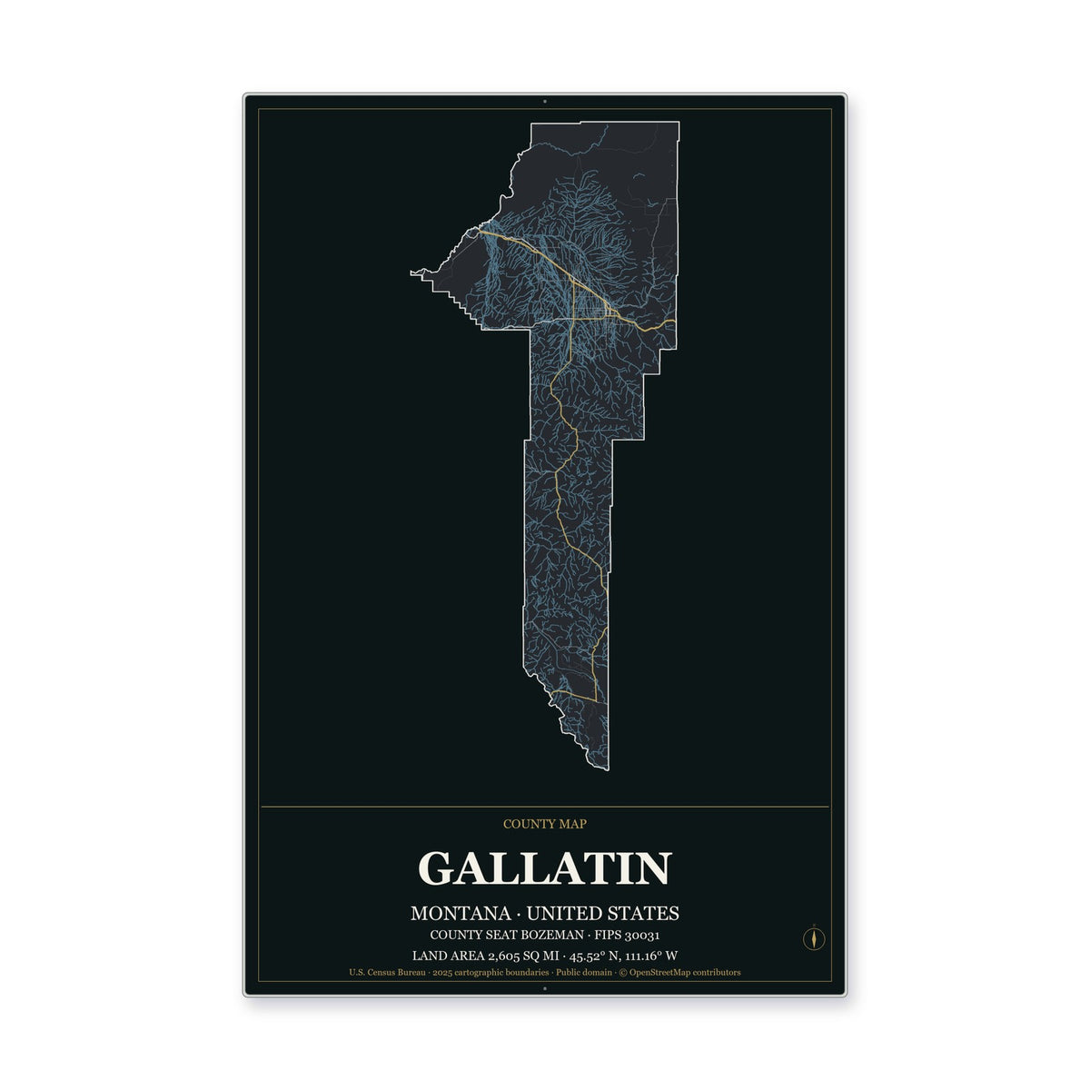 Gallatin County, Montana Map Aluminum Sign in Metropolitan Noir style