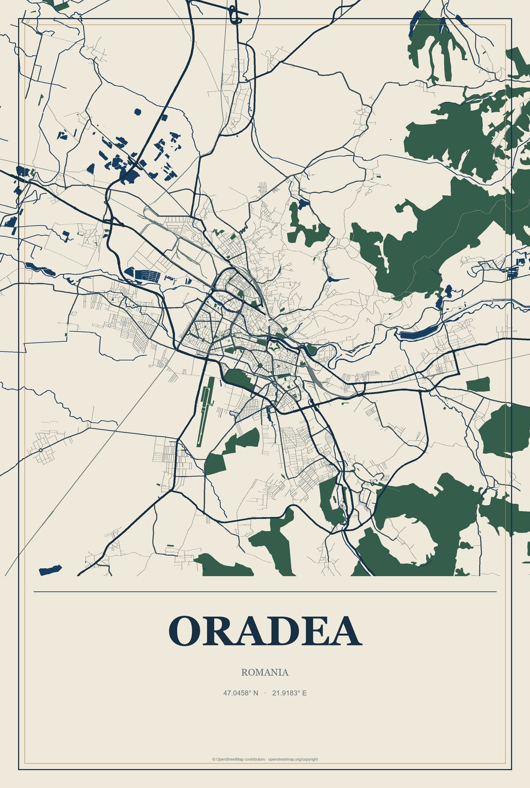 Oradea, Romania City Map Aluminum Sign in Coastal Cutout style