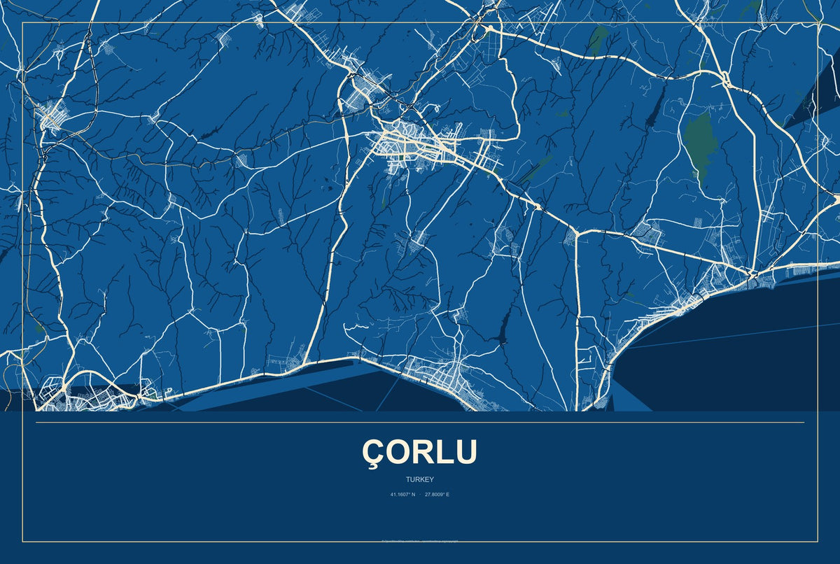 Çorlu, Turkey City Map Aluminum Sign in Harbor Cobalt style
