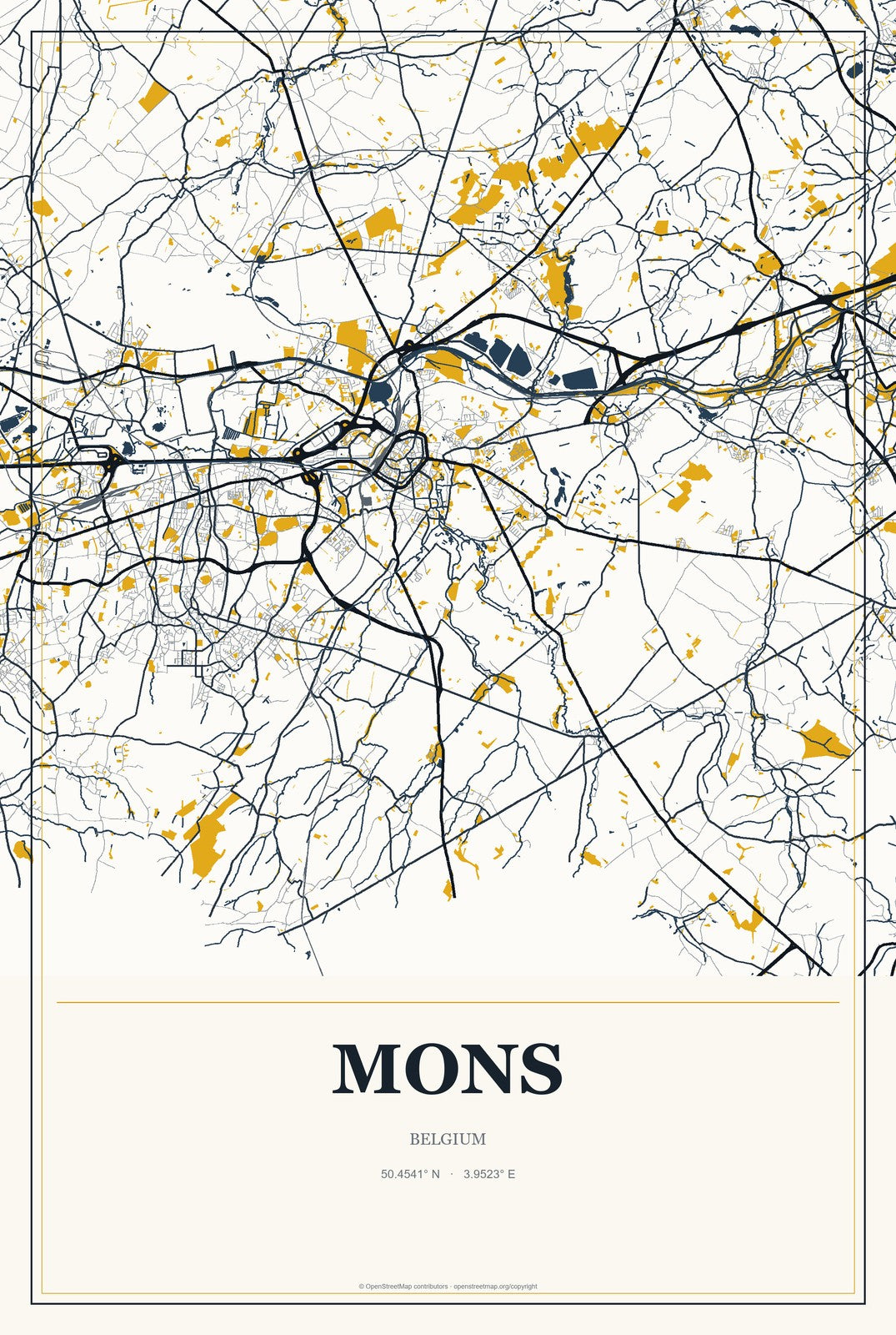 Mons, Belgium City Map Aluminum Sign in Citrine Modern style