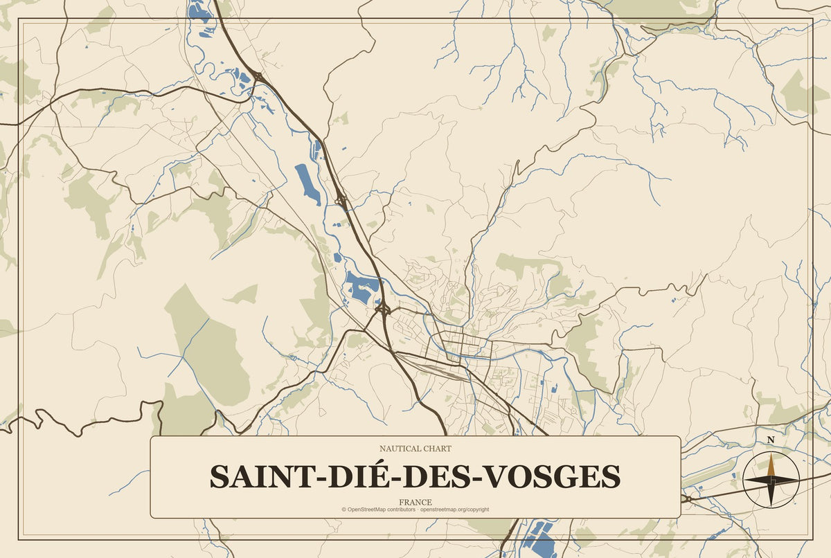 Saint-Dié-des-Vosges, France City Map Aluminum Sign in Heritage Nautical style