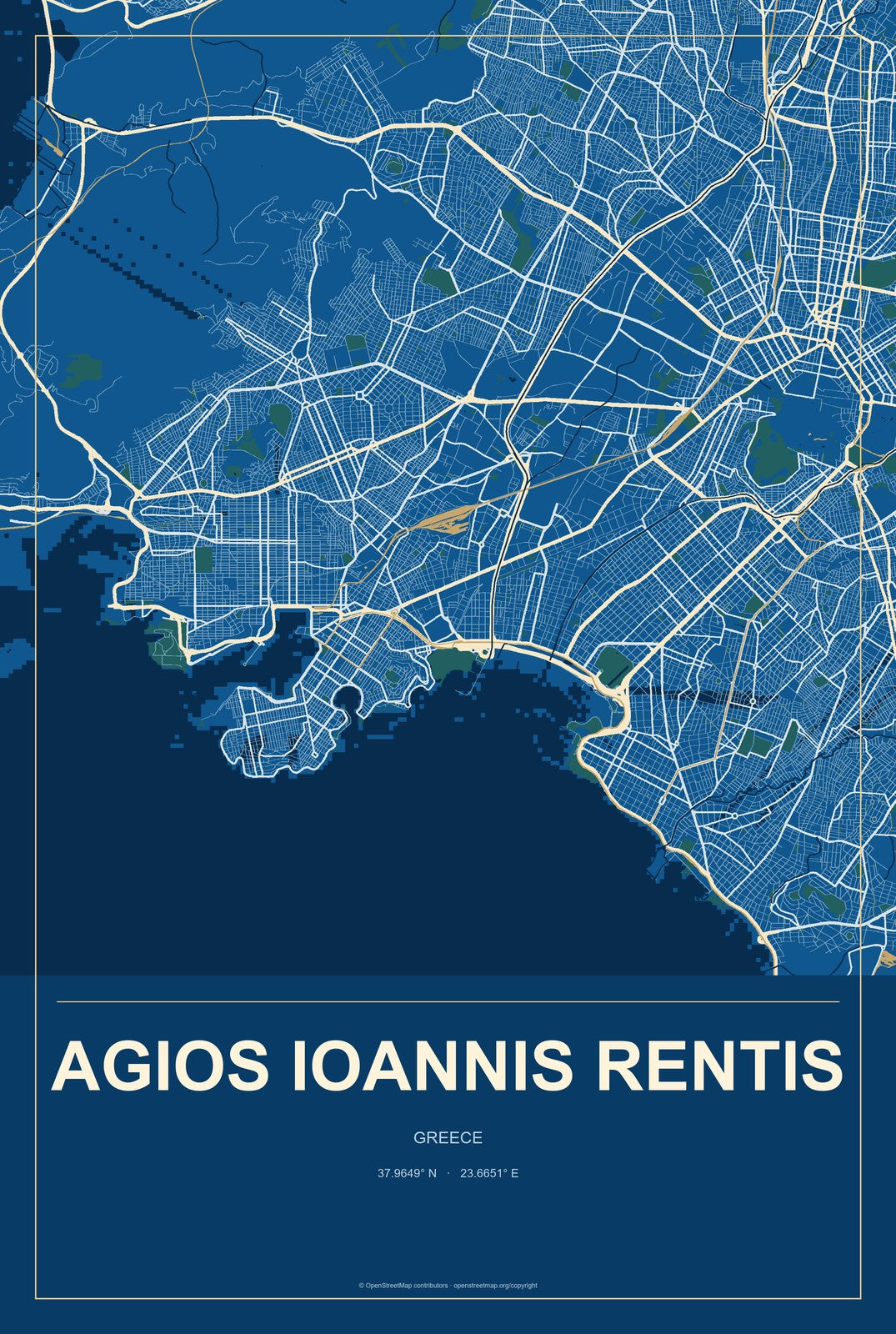 Agios Ioannis Rentis, Greece City Map Aluminum Sign in Harbor Cobalt style