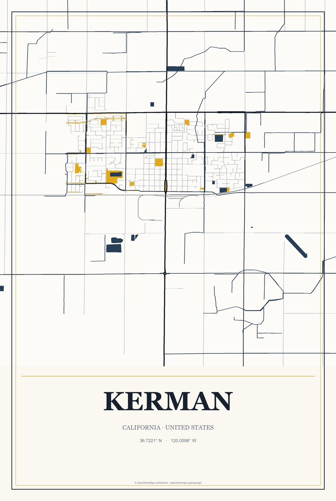 Kerman, California City Map Aluminum Sign in Citrine Modern style