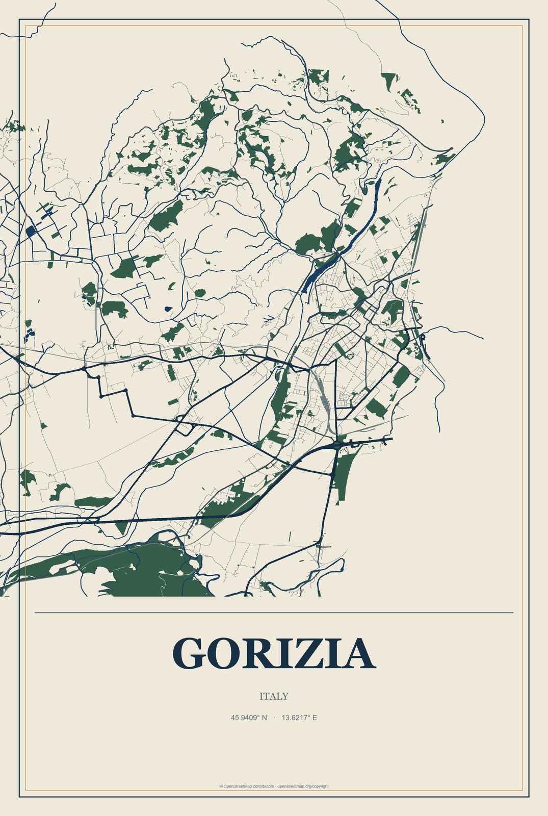 Gorizia, Italy City Map Aluminum Sign in Coastal Cutout style