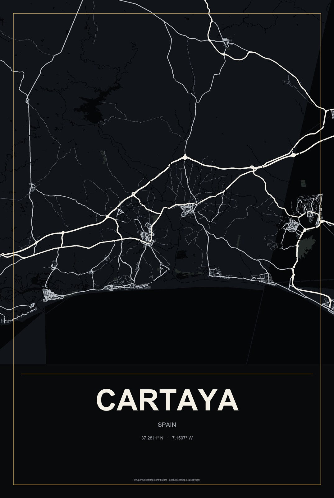Cartaya, Spain City Map Aluminum Sign in Metropolitan Noir style