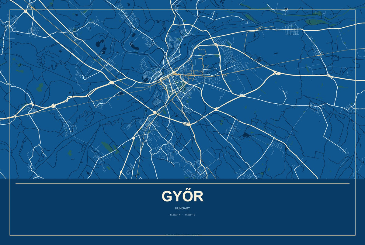 Győr, Hungary City Map Aluminum Sign in Harbor Cobalt style