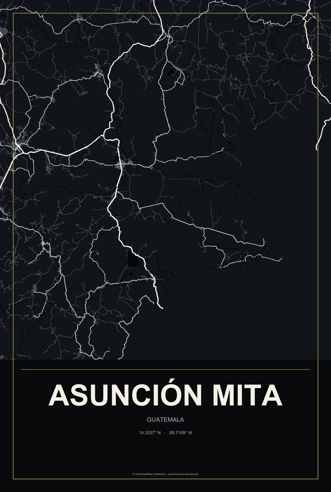 Asunción Mita, Guatemala City Map Aluminum Sign in Metropolitan Noir style
