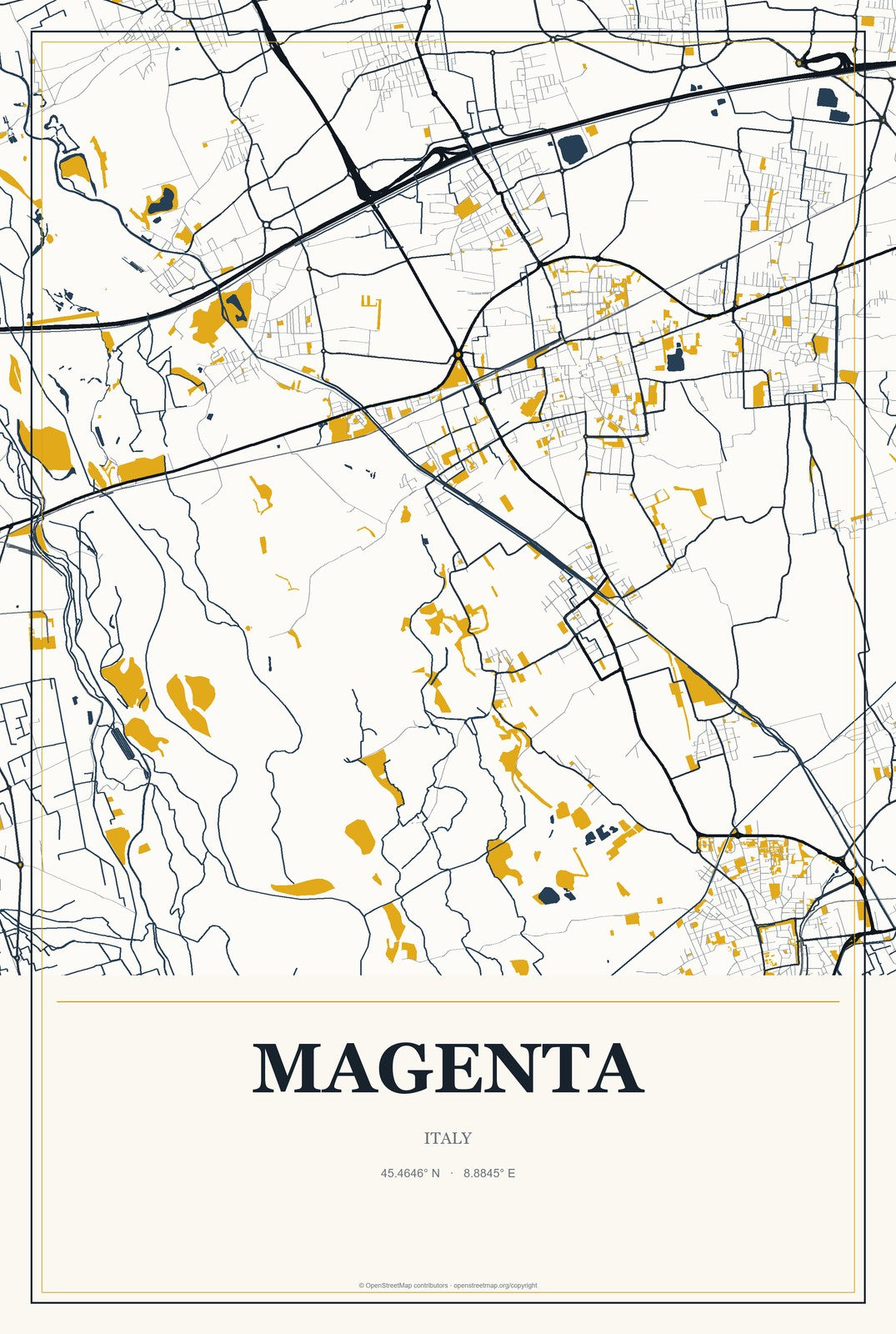 Magenta, Italy City Map Aluminum Sign in Citrine Modern style