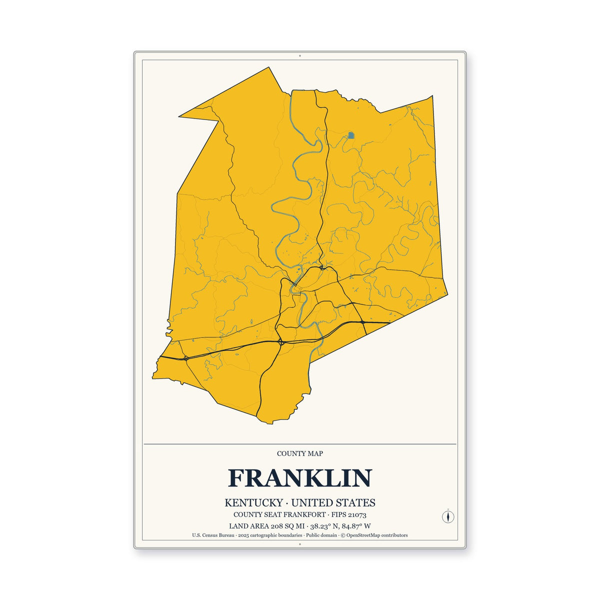 Franklin County, Kentucky Map Aluminum Sign in Citrine Modern style