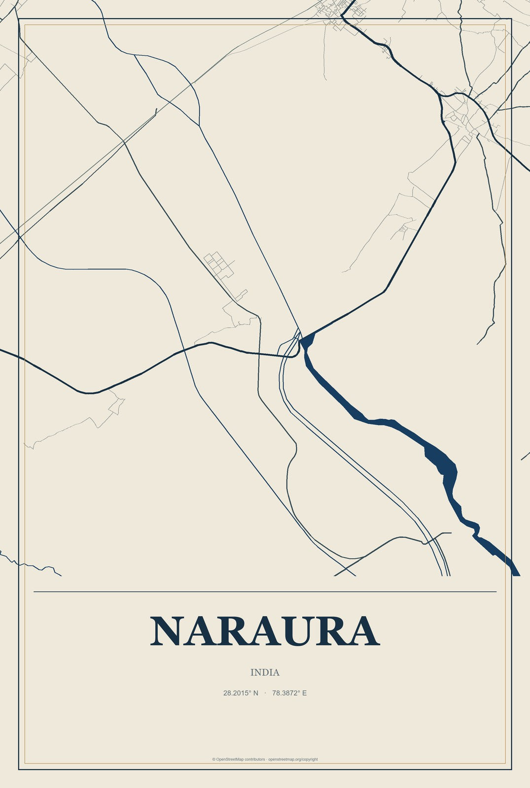 Naraura, India City Map Aluminum Sign in Coastal Cutout style