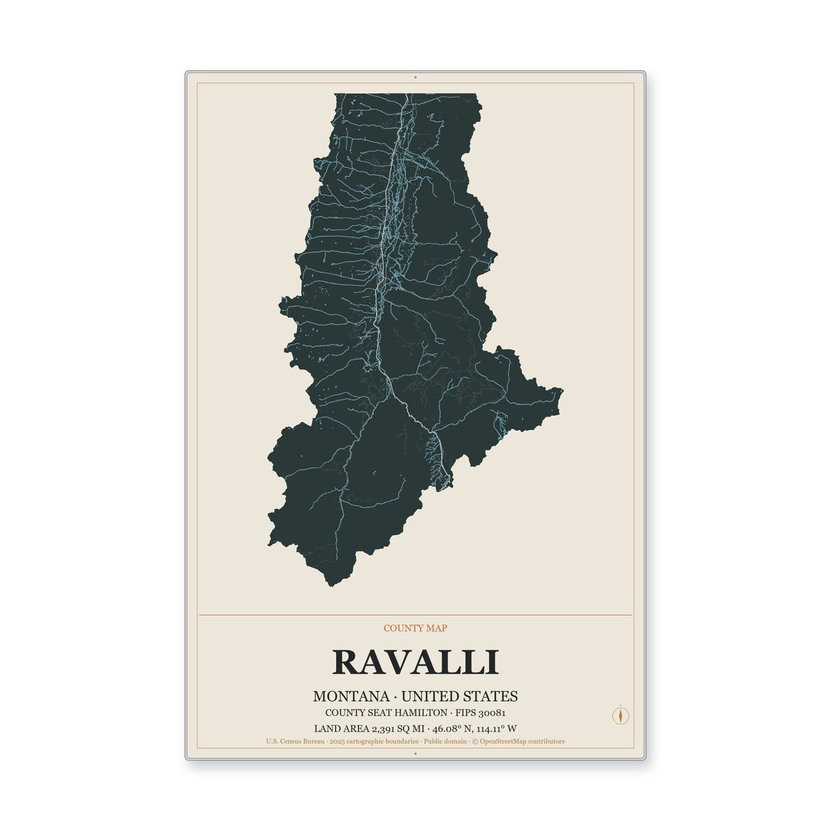 Ravalli County, Montana Map Aluminum Sign in Headline Atlas style