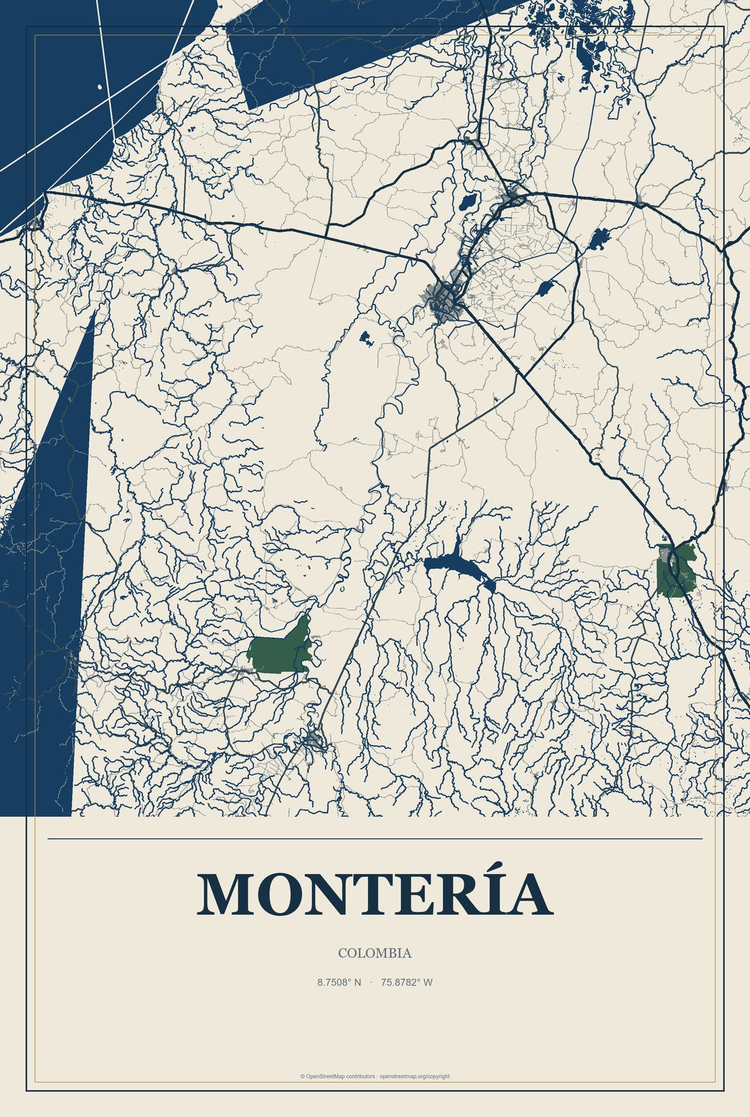 Montería, Colombia City Map Aluminum Sign in Coastal Cutout style