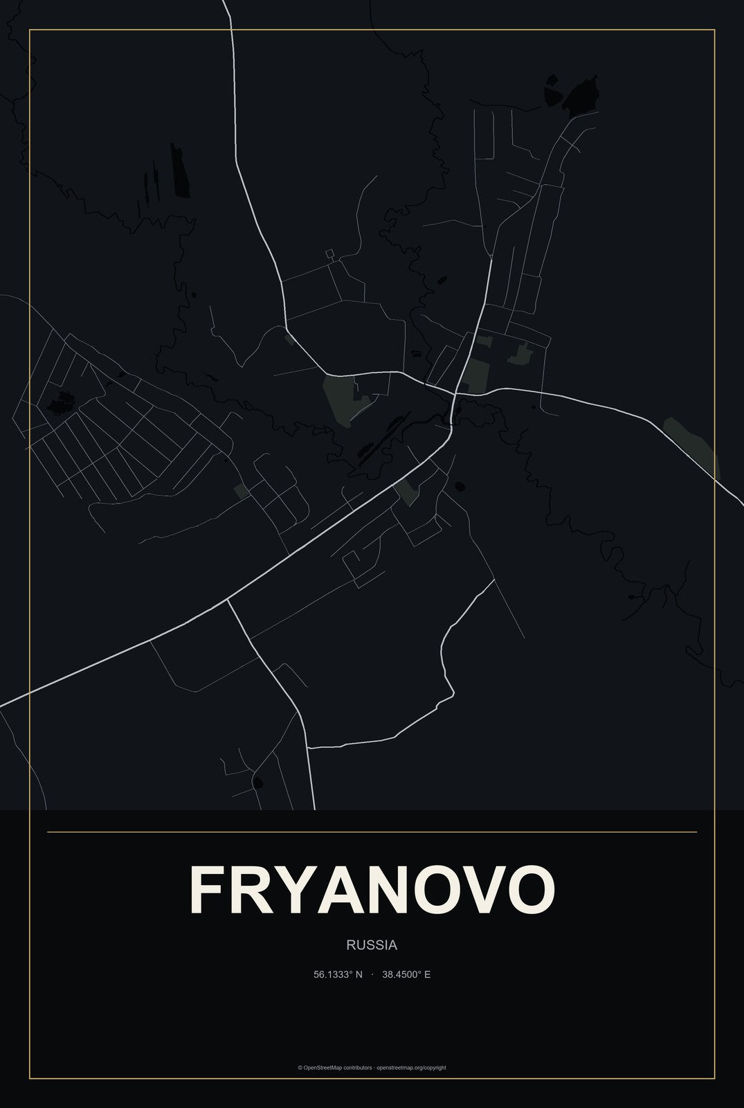 Fryanovo, Russia City Map Aluminum Sign in Metropolitan Noir style