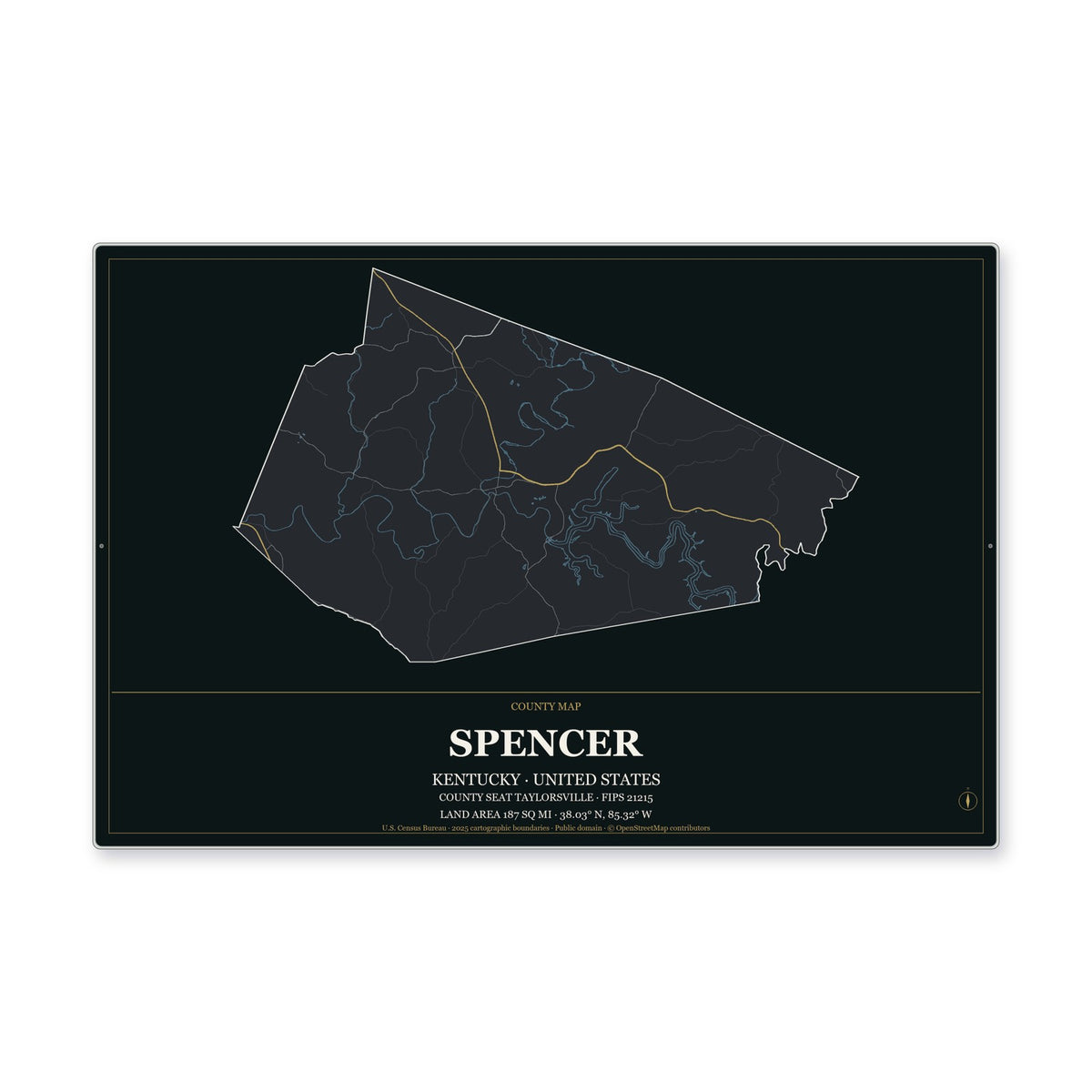 Spencer County, Kentucky Map Aluminum Sign in Metropolitan Noir style