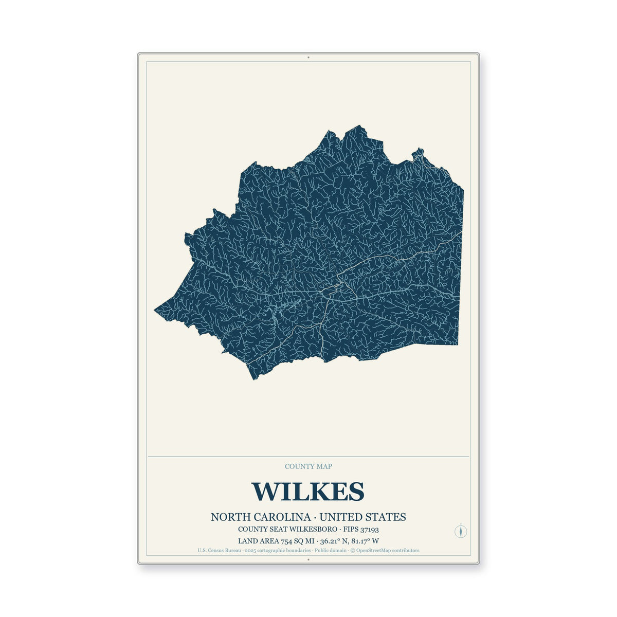 Wilkes County, North Carolina Map Aluminum Sign in Coastal Cutout style
