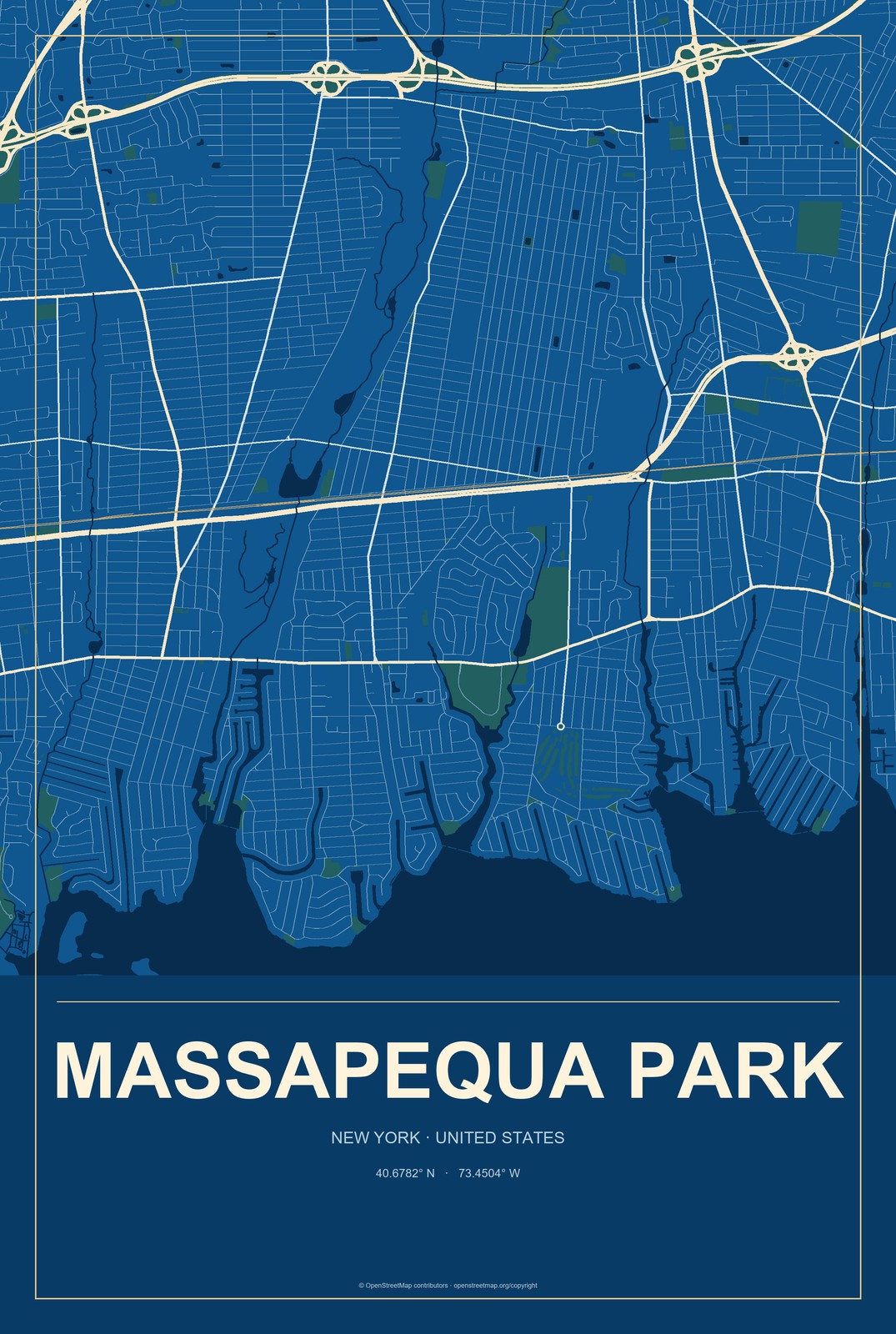 Massapequa Park, New York City Map Aluminum Sign in Harbor Cobalt style
