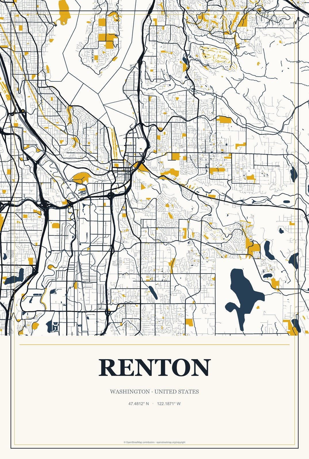 Renton, Washington City Map Aluminum Sign in Citrine Modern style