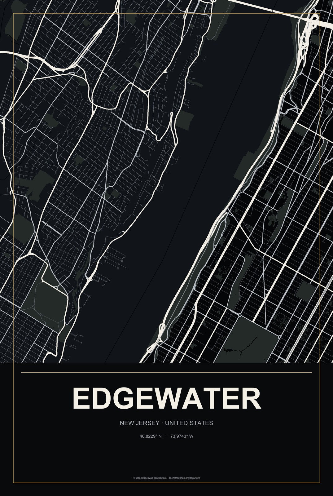 Edgewater, New Jersey City Map Aluminum Sign in Metropolitan Noir style