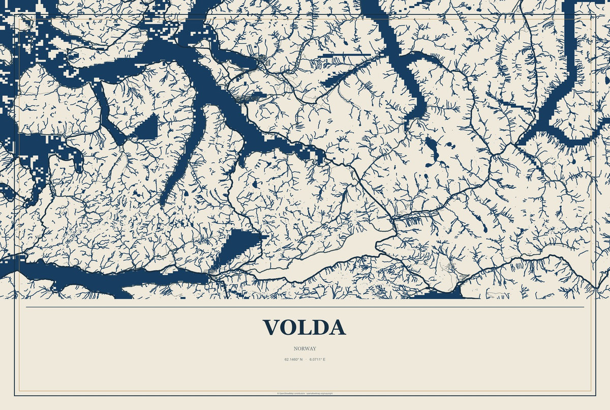 Volda, Norway City Map Aluminum Sign in Coastal Cutout style