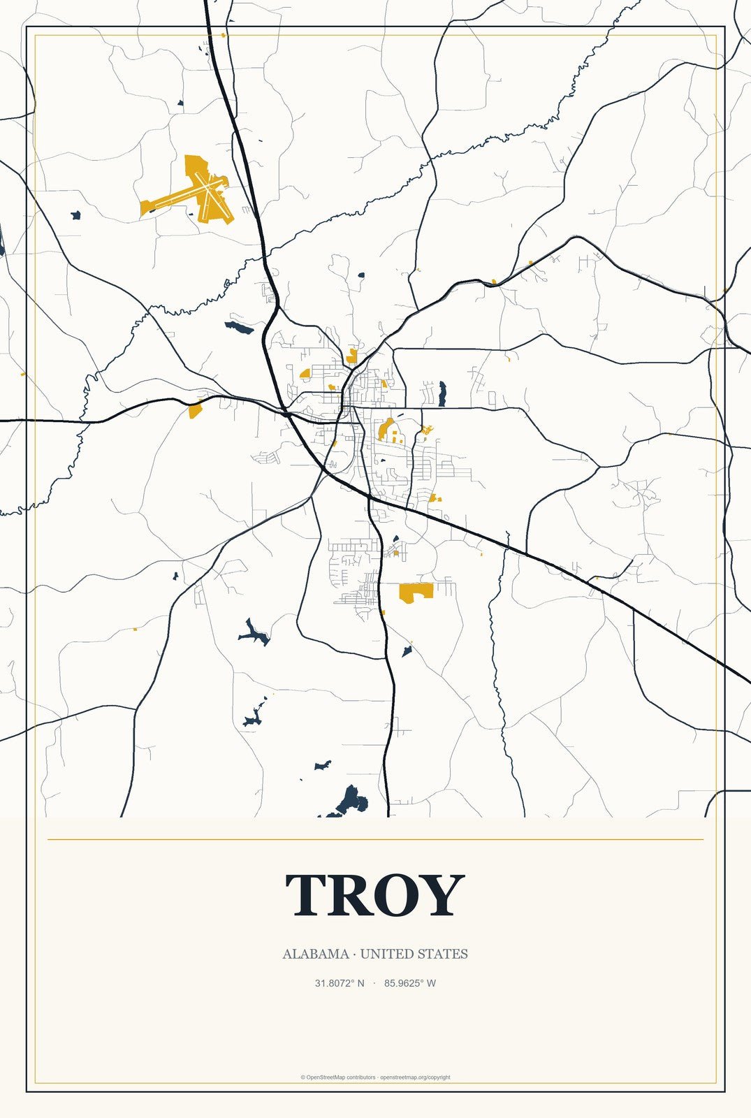 Troy, Alabama City Map Aluminum Sign in Citrine Modern style