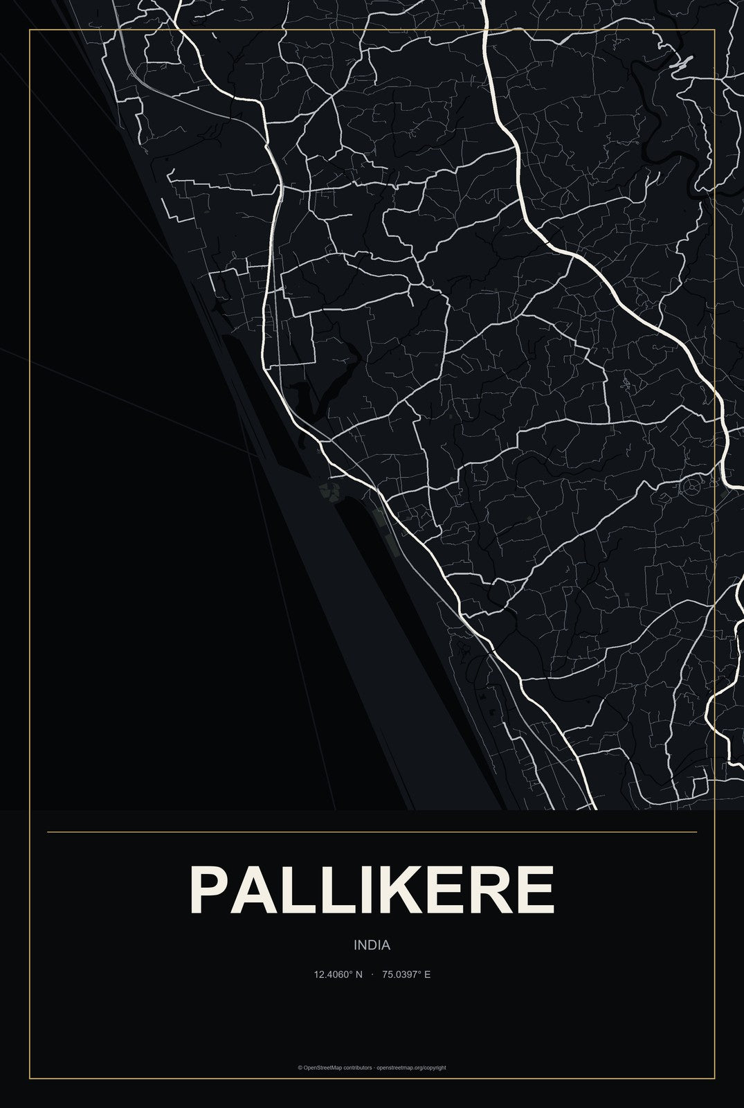 Pallikere, India City Map Aluminum Sign in Metropolitan Noir style
