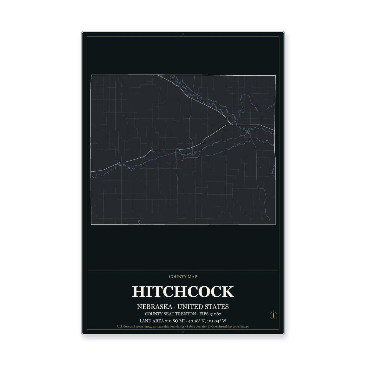 Hitchcock County, Nebraska Map Aluminum Sign in Metropolitan Noir style