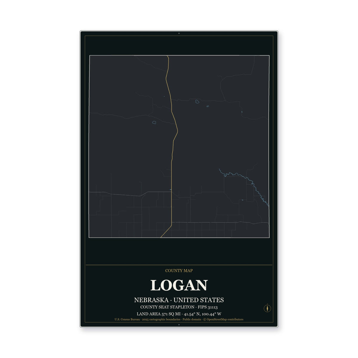 Logan County, Nebraska Map Aluminum Sign in Metropolitan Noir style