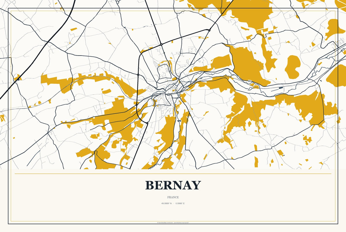 Bernay, France City Map Aluminum Sign in Citrine Modern style