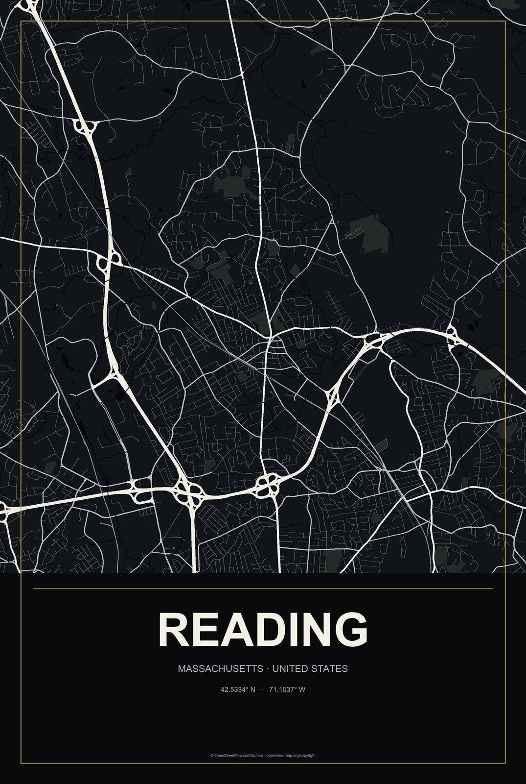 Reading, Massachusetts City Map Aluminum Sign in Metropolitan Noir style