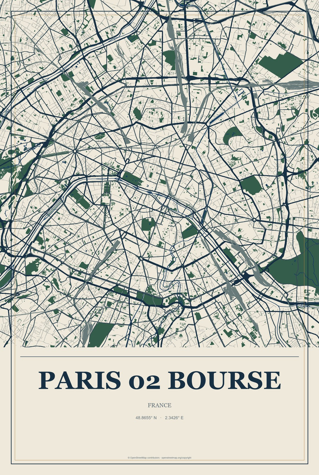 Paris 02 Bourse, France City Map Aluminum Sign in Coastal Cutout style