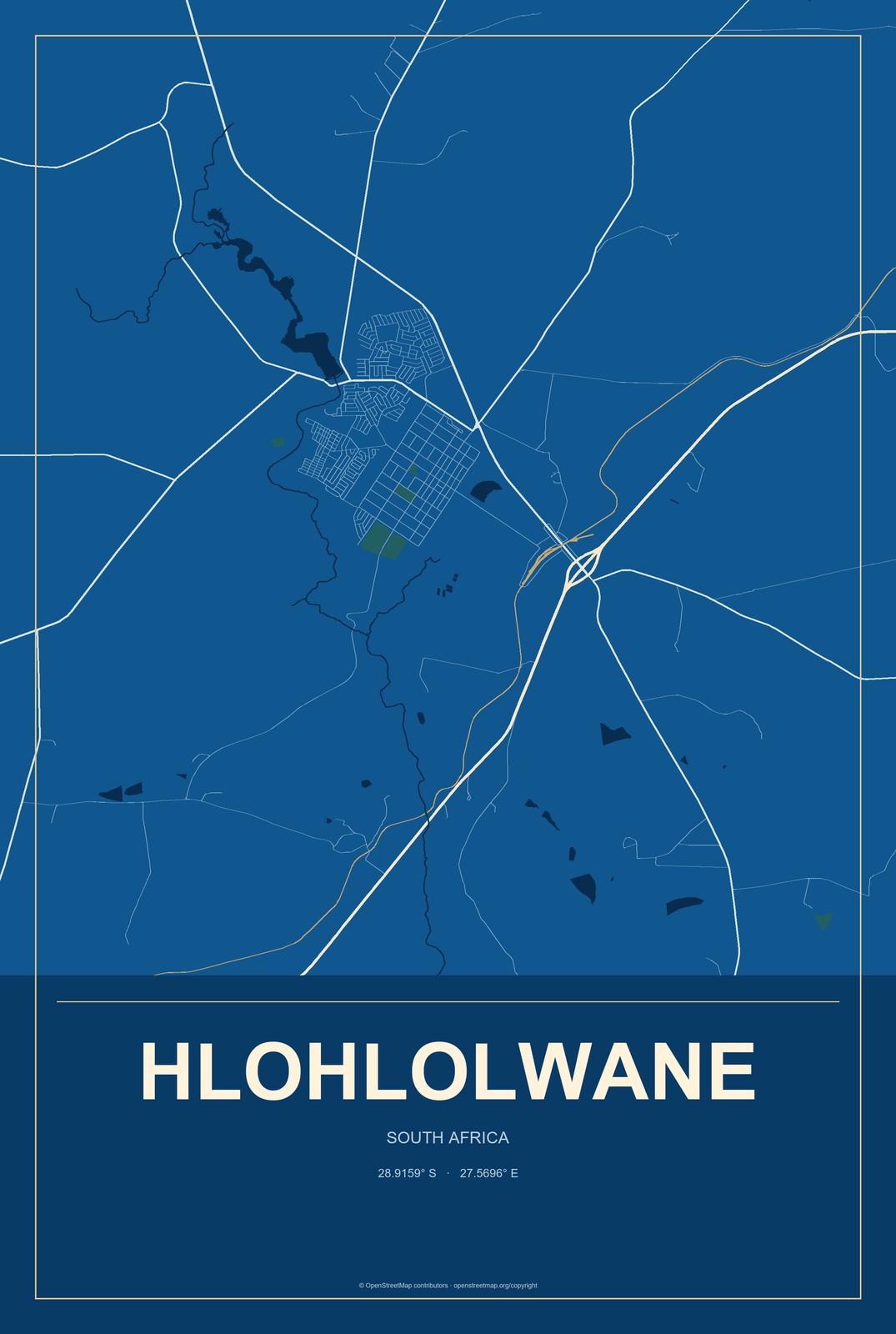 Hlohlolwane, South Africa City Map Aluminum Sign in Harbor Cobalt style