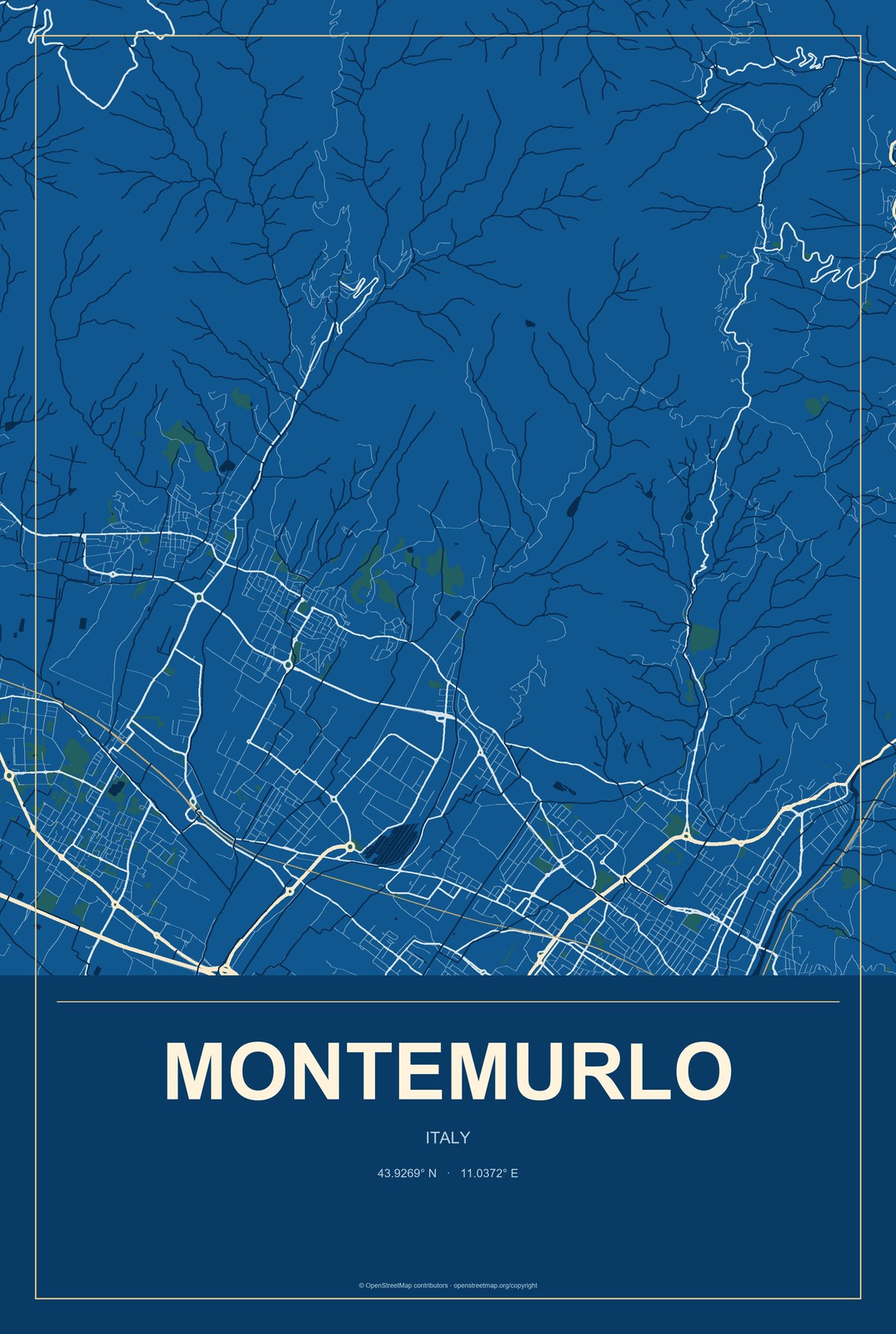 Montemurlo, Italy City Map Aluminum Sign in Harbor Cobalt style