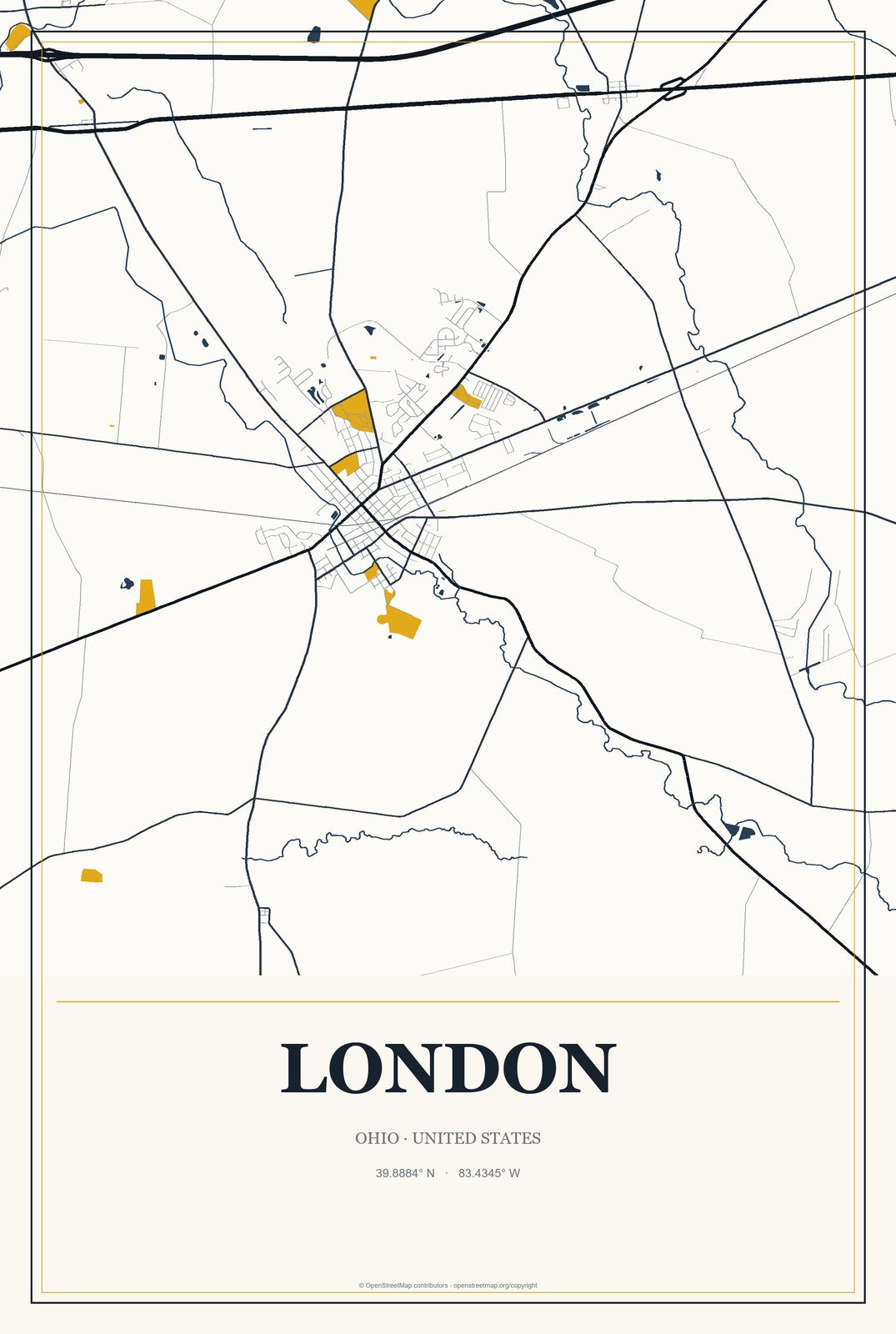 London, Ohio City Map Aluminum Sign in Citrine Modern style