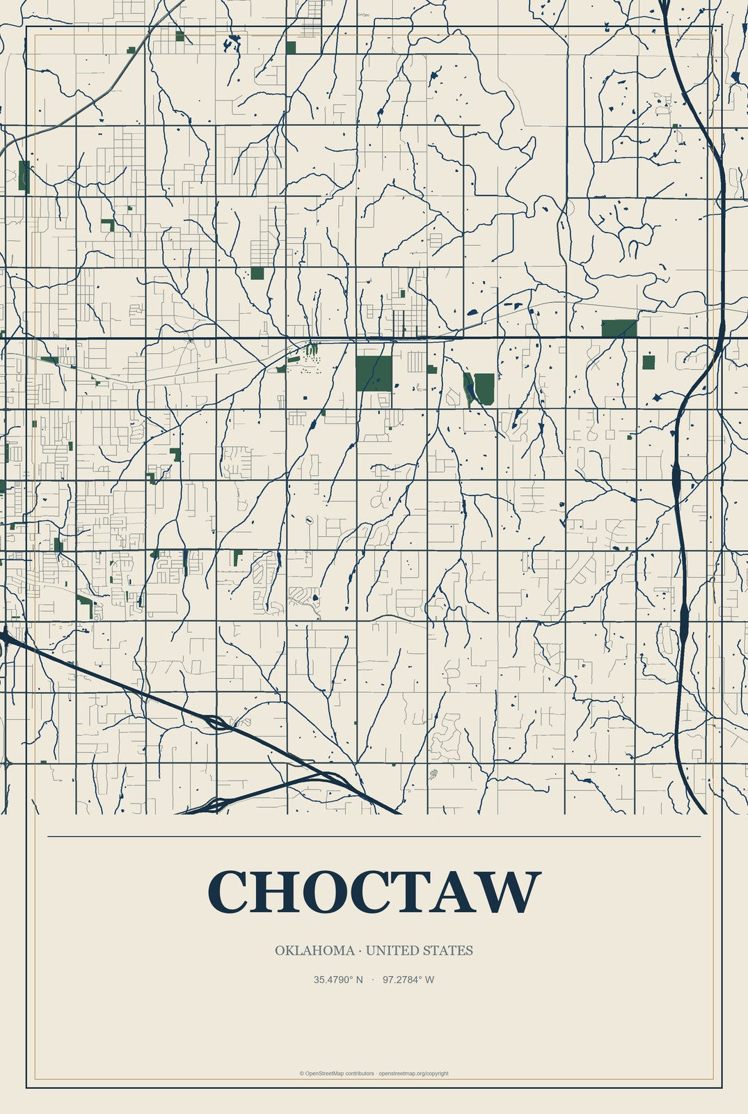 Choctaw, Oklahoma City Map Aluminum Sign in Coastal Cutout style