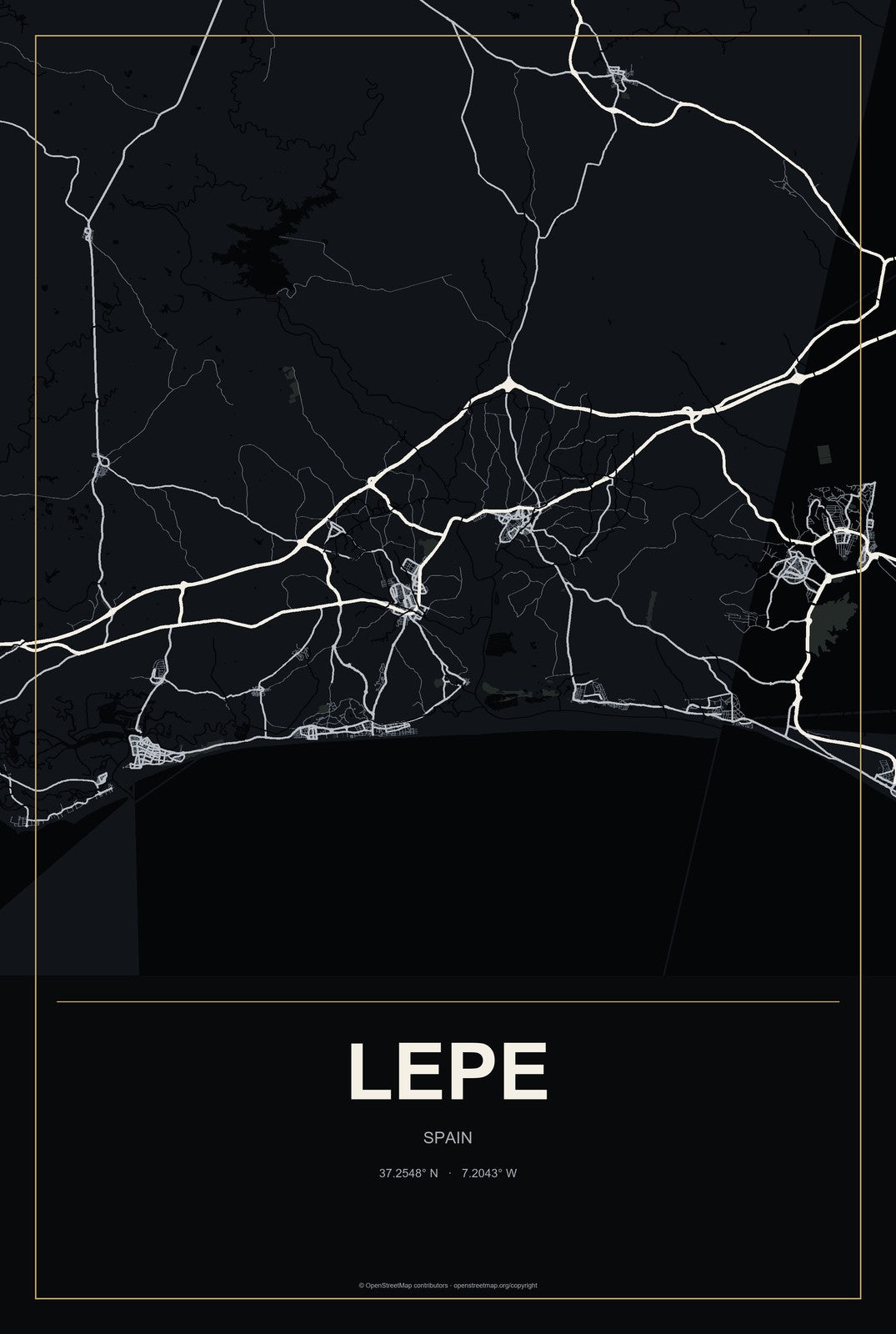 Lepe, Spain City Map Aluminum Sign in Metropolitan Noir style