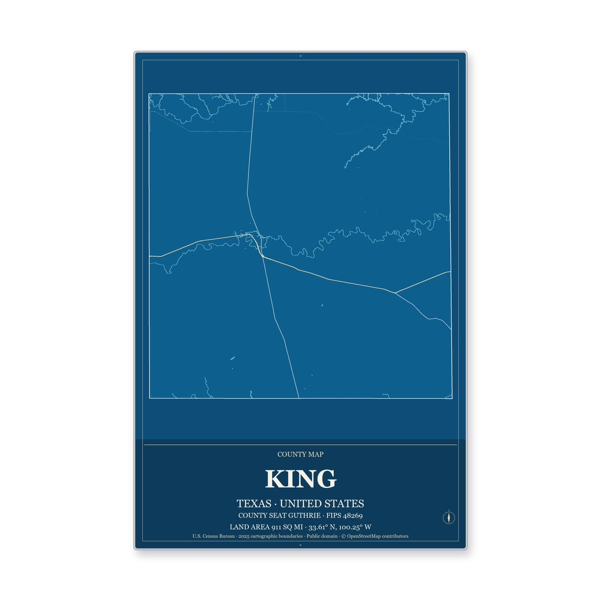 King County, Texas Map Aluminum Sign in Harbor Cobalt style