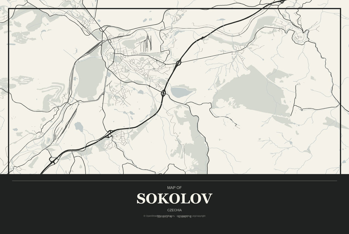 Sokolov, Czechia City Map Aluminum Sign in Museum Plaque style