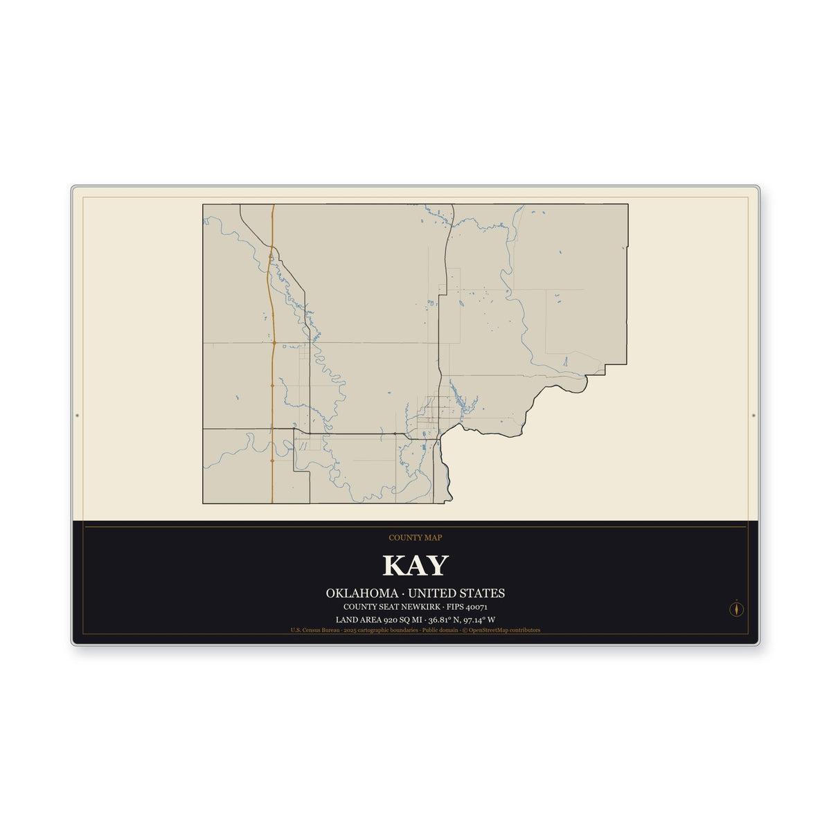 Kay County, Oklahoma Map Aluminum Sign in Museum Plaque style