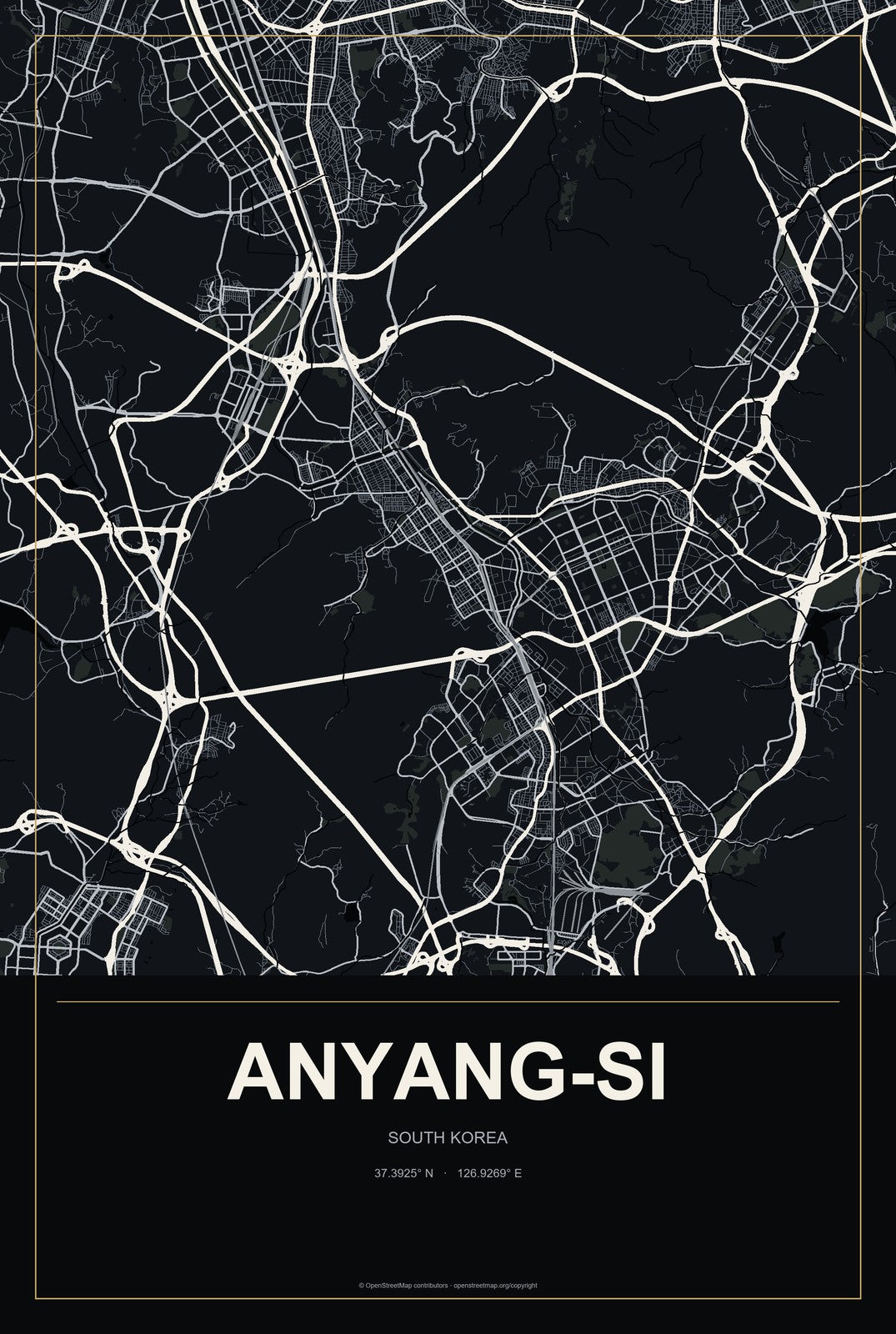 Anyang-si, South Korea City Map Aluminum Sign in Metropolitan Noir style