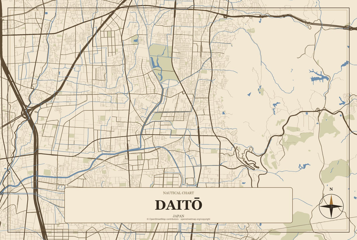 Daitō, Japan City Map Aluminum Sign in Heritage Nautical style