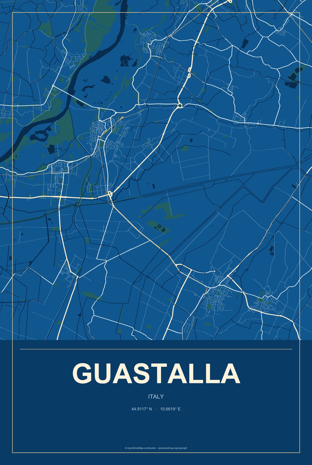 Guastalla, Italy City Map Aluminum Sign in Harbor Cobalt style