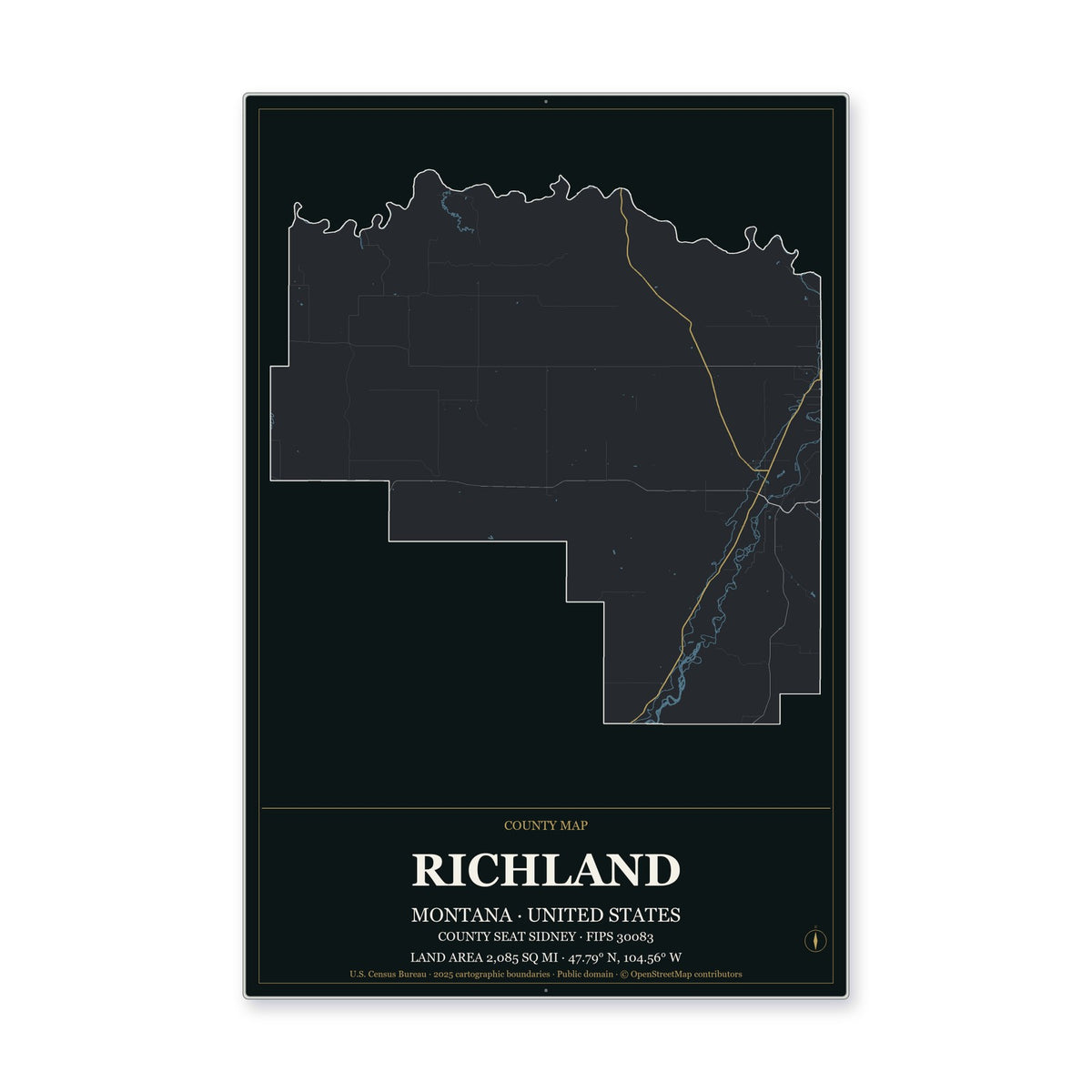 Richland County, Montana Map Aluminum Sign in Metropolitan Noir style