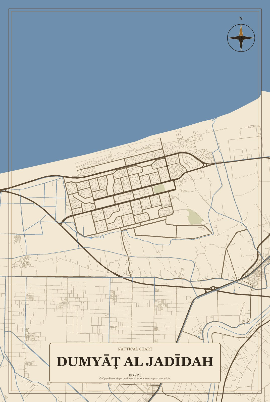 Dumyāţ al Jadīdah, Egypt City Map Aluminum Sign in Heritage Nautical style