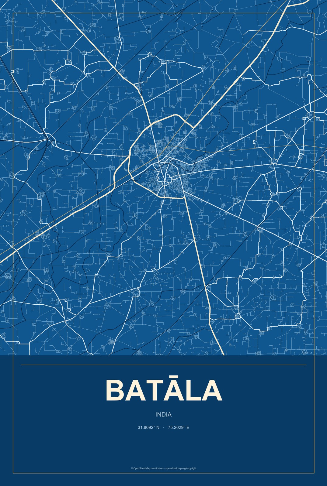 Batāla, India City Map Aluminum Sign in Harbor Cobalt style