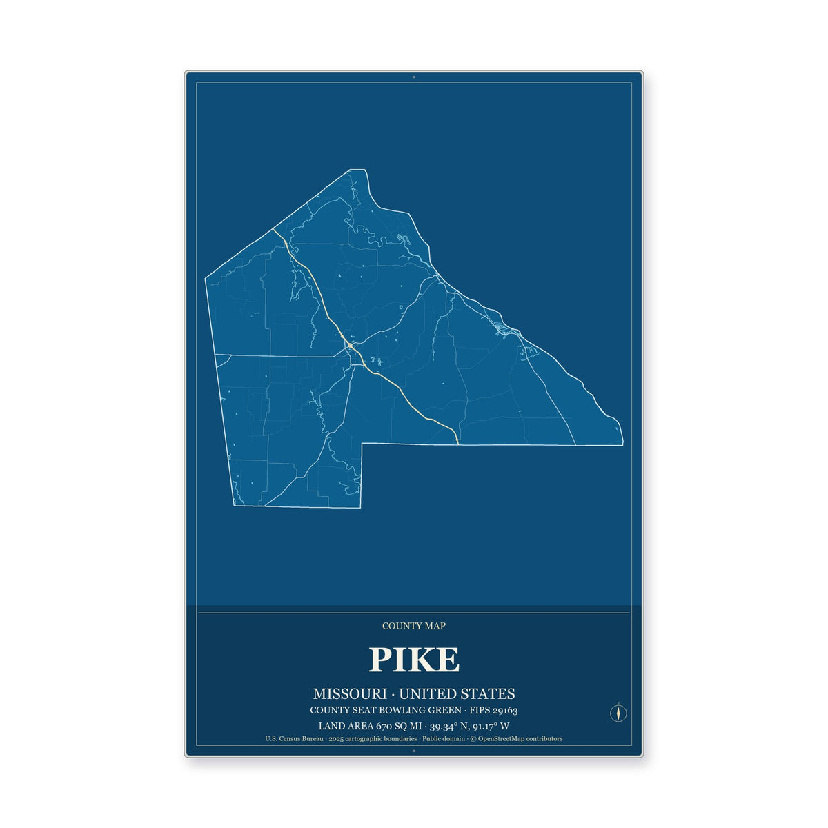 Pike County, Missouri Map Aluminum Sign in Harbor Cobalt style