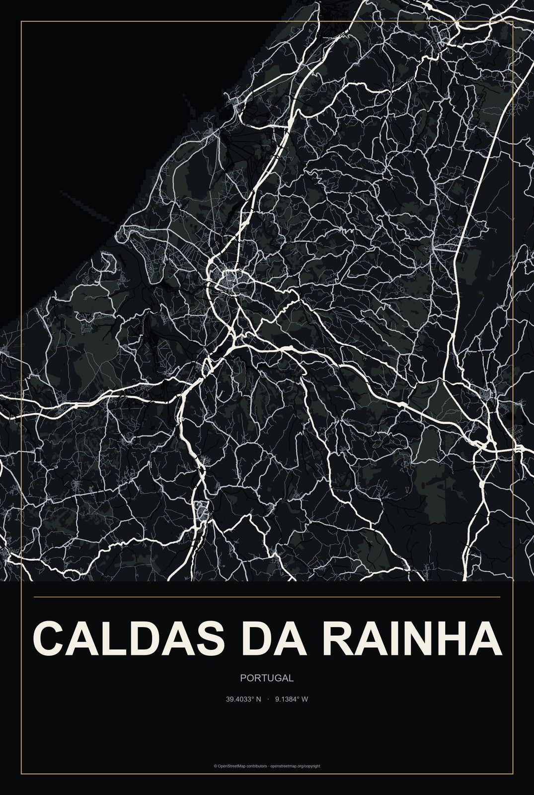 Caldas da Rainha, Portugal City Map Aluminum Sign in Metropolitan Noir style