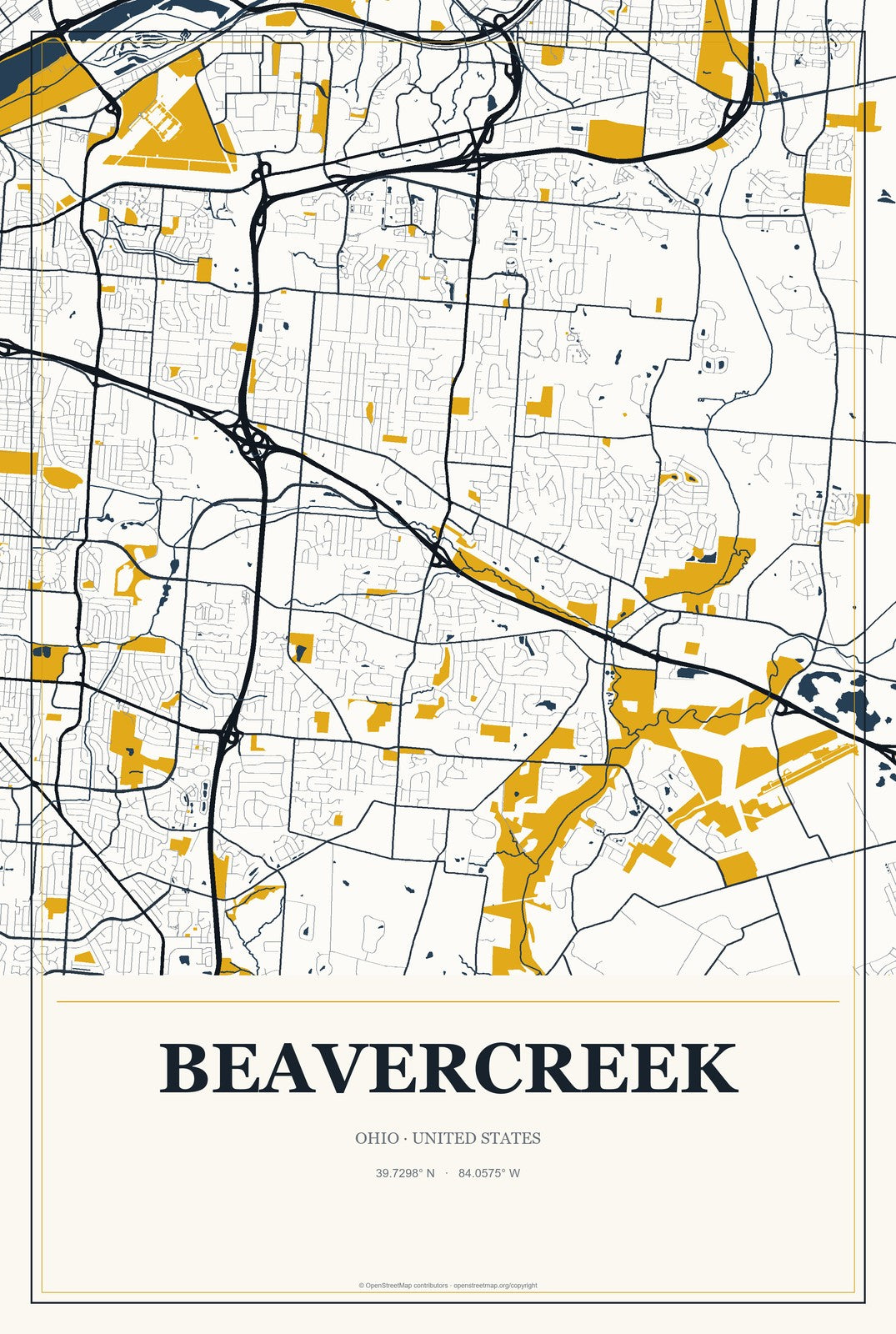 Beavercreek, Ohio City Map Aluminum Sign in Citrine Modern style