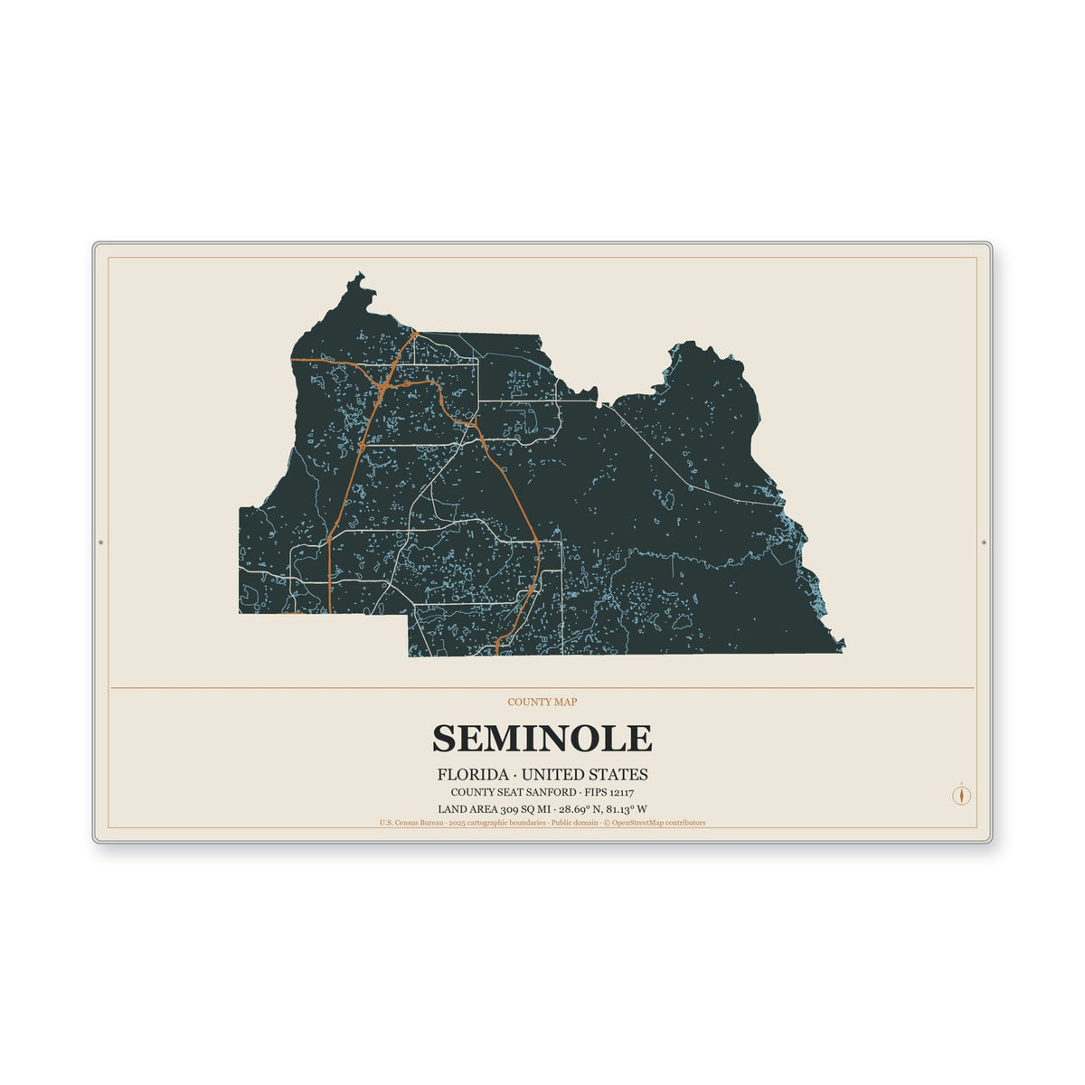 Seminole County, Florida Map Aluminum Sign in Headline Atlas style