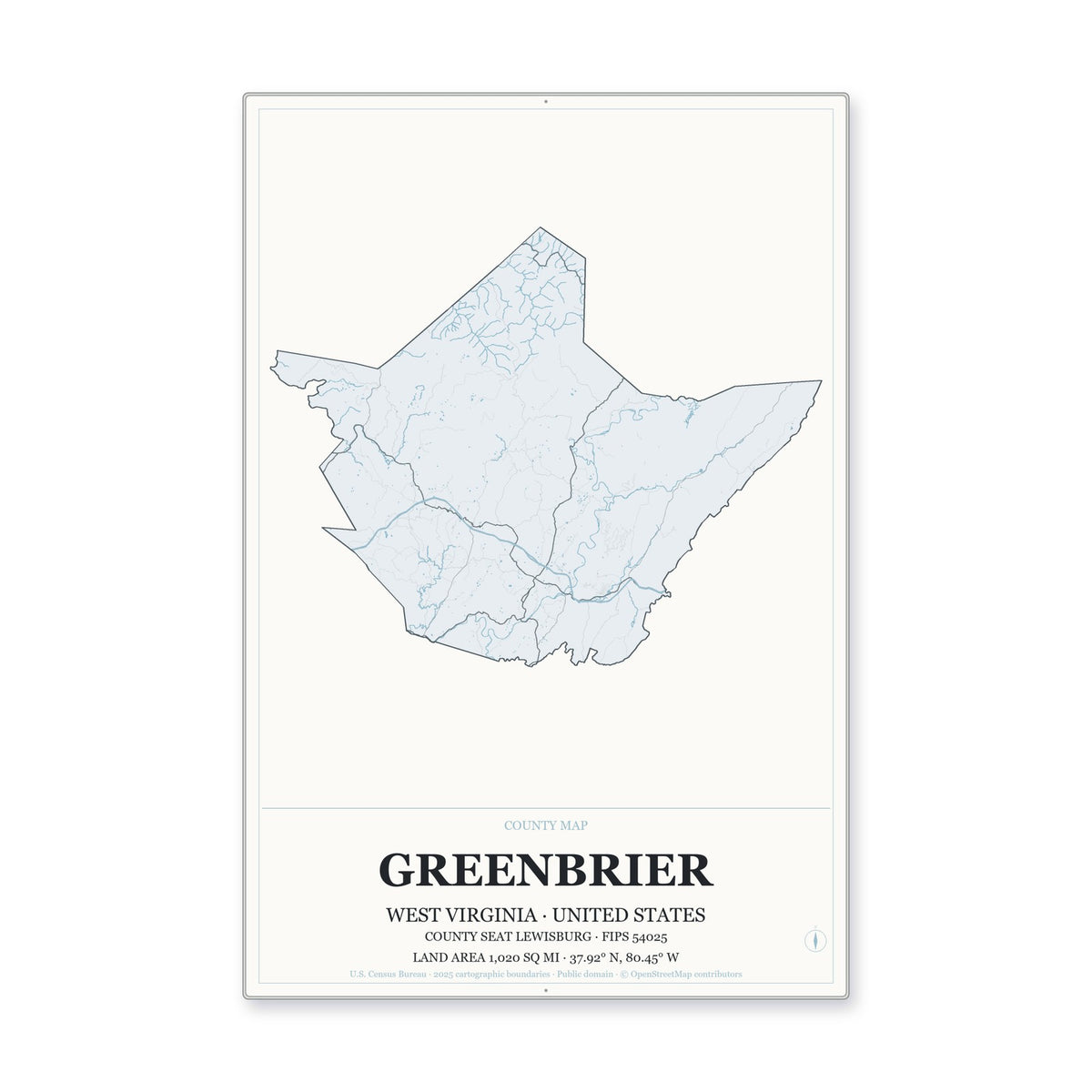 Greenbrier County, West Virginia Map Aluminum Sign in Gallery Air style